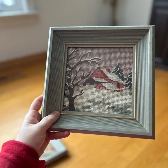 Pair of small Framed Cross-Stitch Cottage Landscape Scenes in Gray Frames - Picture 3 of 4